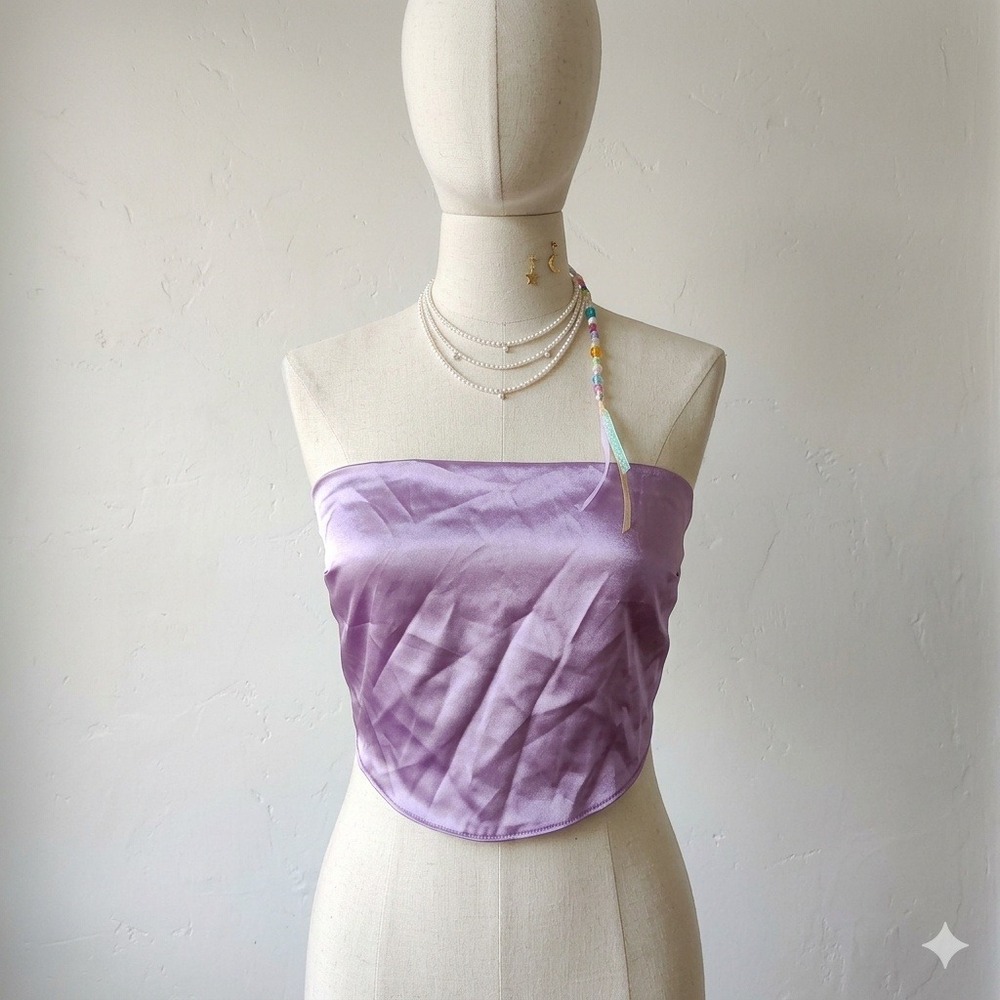 Sparkly Fairy Couture Tube‎ Top Womens Large Lavender Satin Strapless Curved Hem